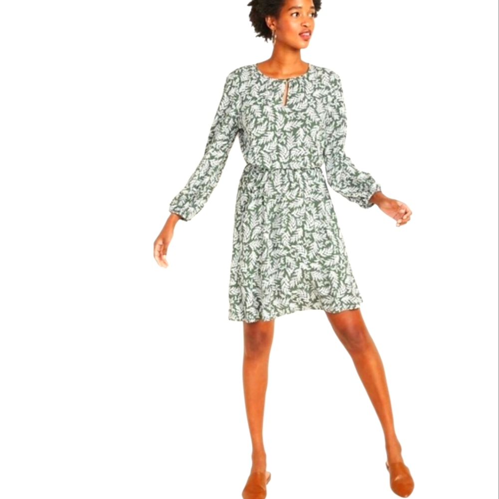 Old Navy Green‎ Leaf Pattern Long Sleeve Short Dress Cottagecore Forest Trad XL